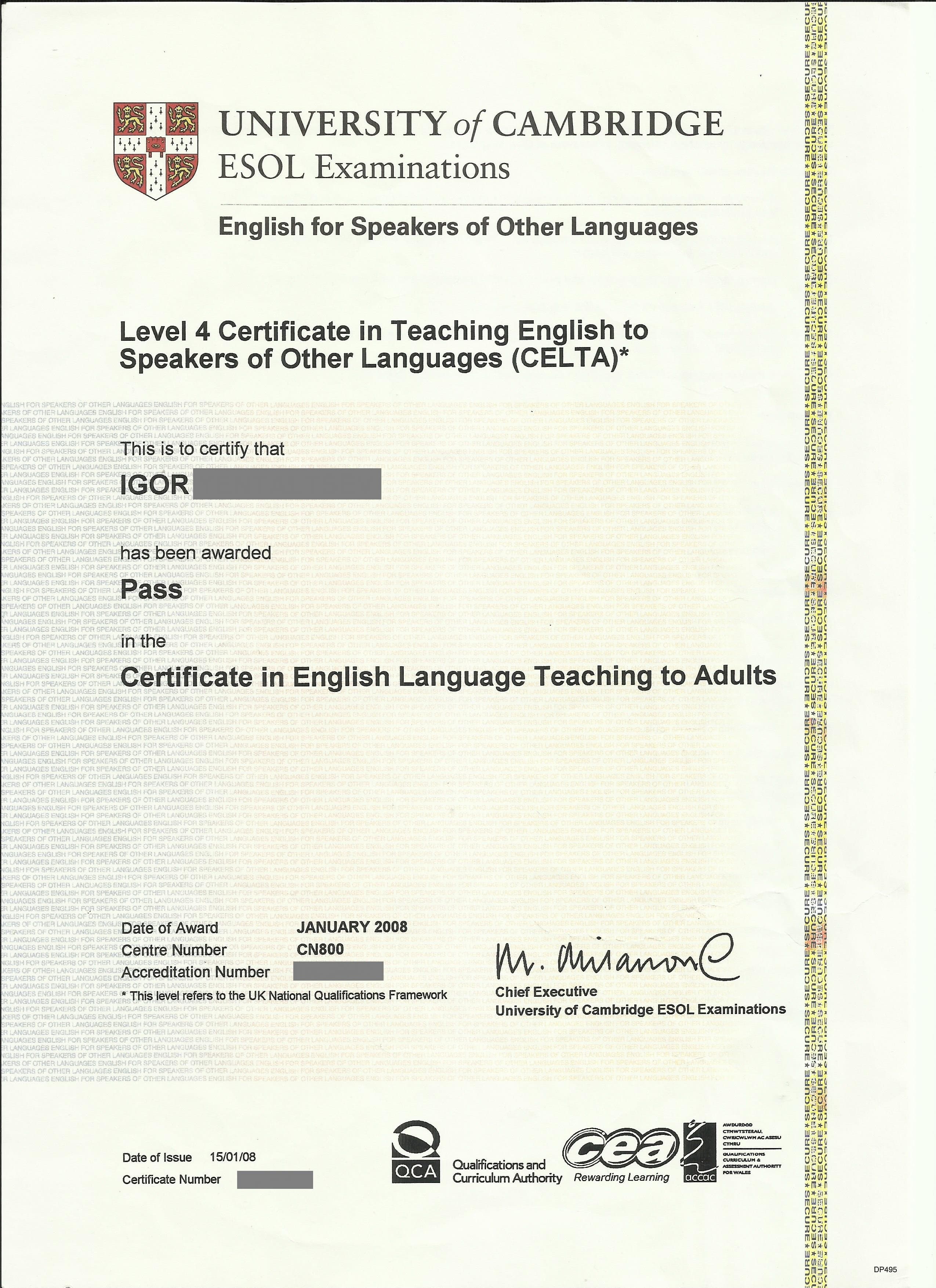 CELTA Certificate